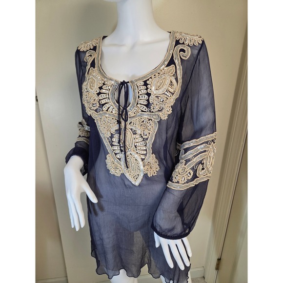 Calypso St. Barth Tops - Calypso St. Barth Silk Embroidered Sequin Tunic Navy Blue Boho Coverup Medium